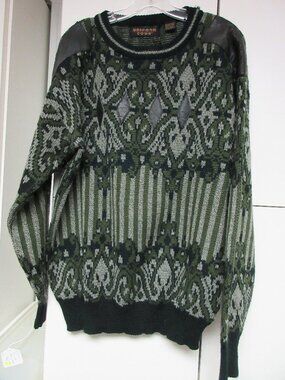 Green Print cardigan with Leather Shoulders  & accents Vintage